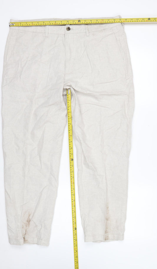 Marks and Spencer Men’s Beige Linen Blend Chino Trousers 38x29 Regular Fit