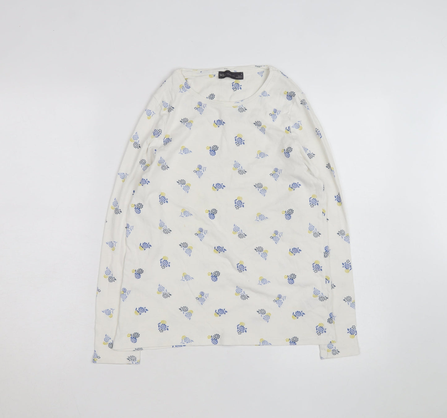 Marks and Spencer Women's White Floral Long Sleeve Cotton T-Shirt Size 16