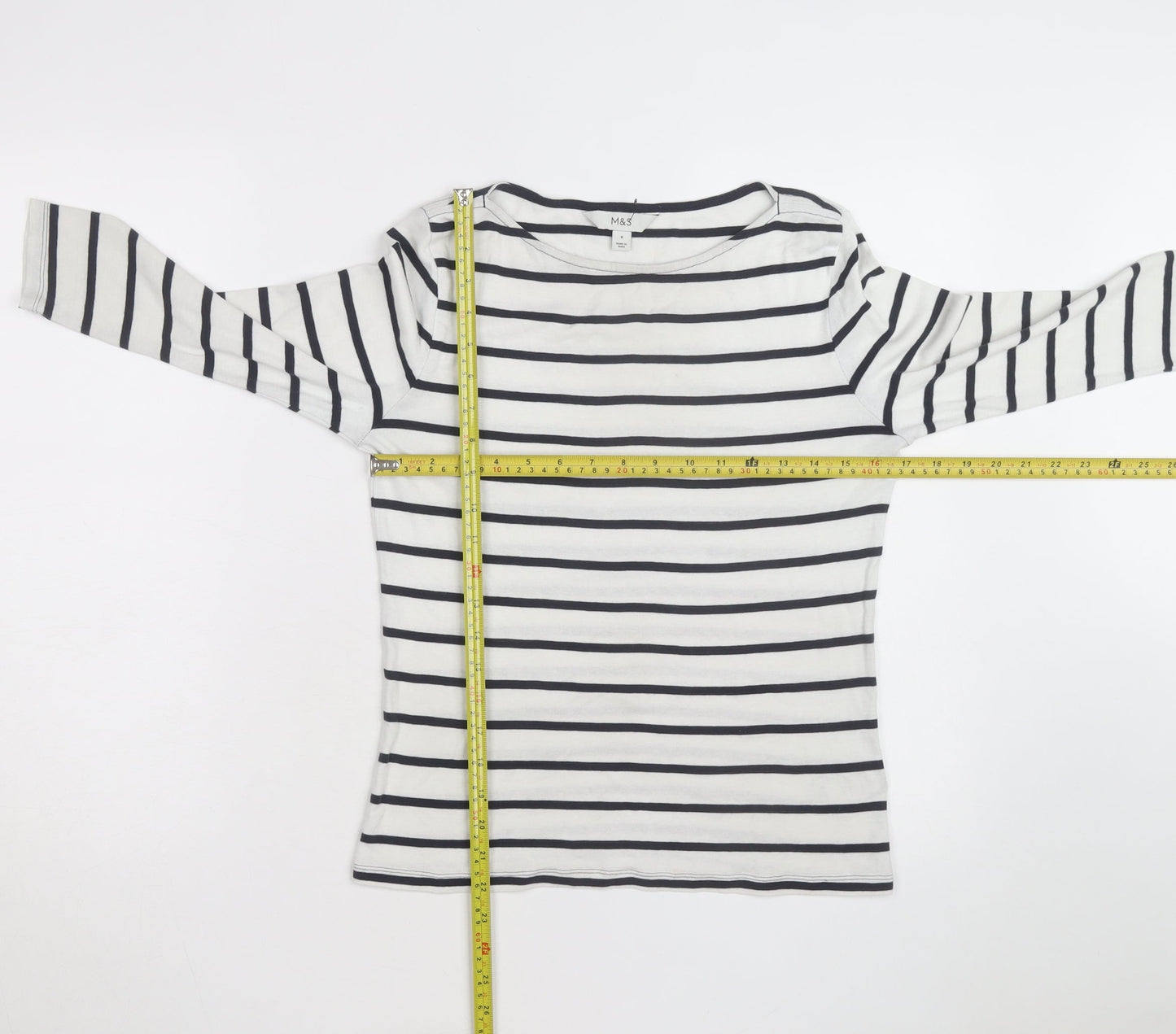Marks and Spencer Womens White Striped Boat Neck 3/4 Sleeve Cotton T-Shirt Size 8