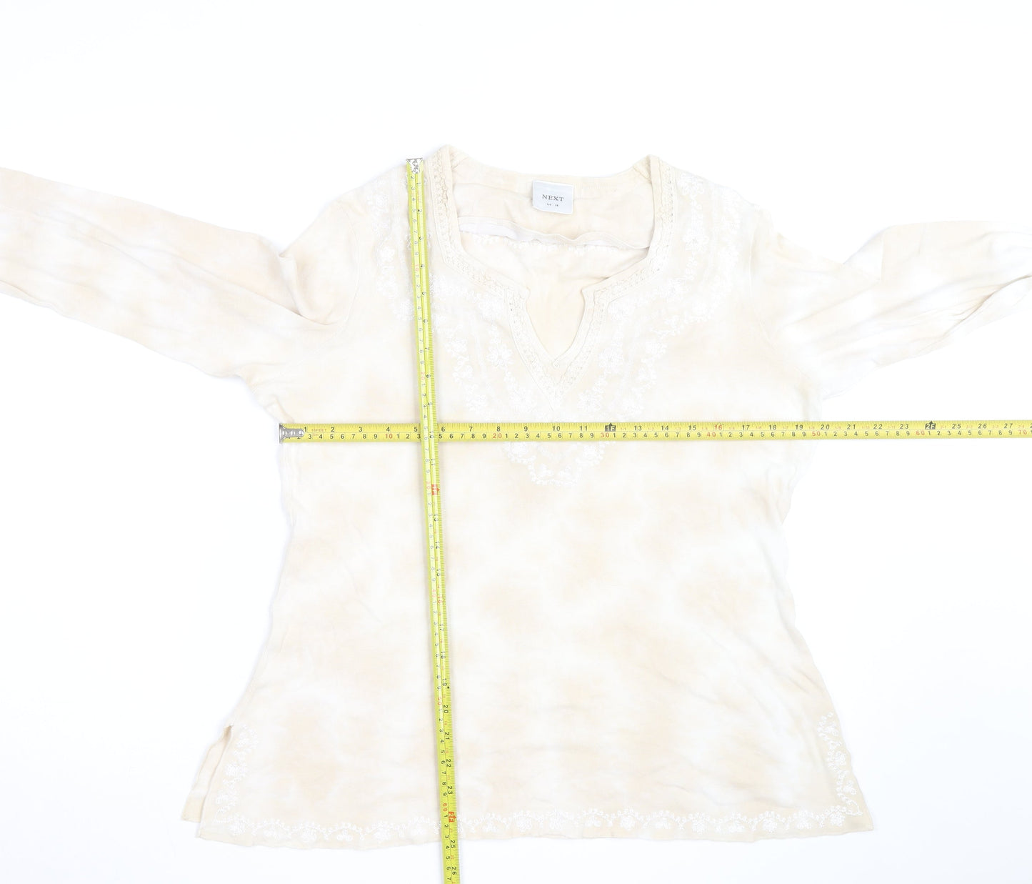 Next Women Beige Embroidered Tunic Blouse UK 16 Long Sleeve Top