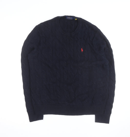 Polo Ralph Lauren Men's Blue Cable-Knit Cotton Jumper Size L