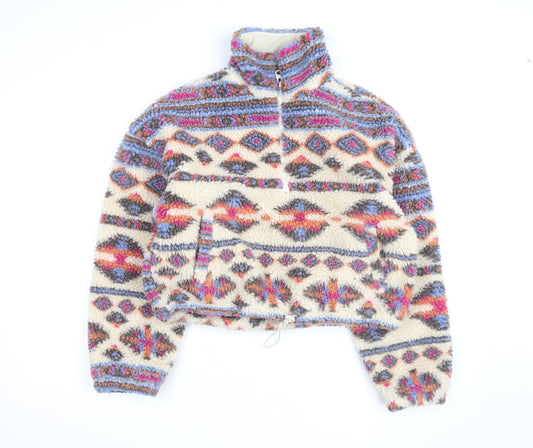 Pull&Bear Women Beige Patterned Fleece 1/2 Zip Pullover Sweatshirt Size S