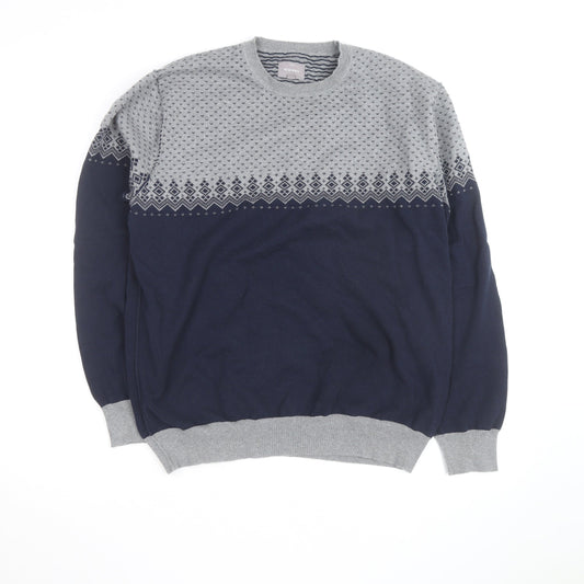 Peter Werth Men’s Blue & Grey Cotton Fair Isle Crew Neck Jumper XXL