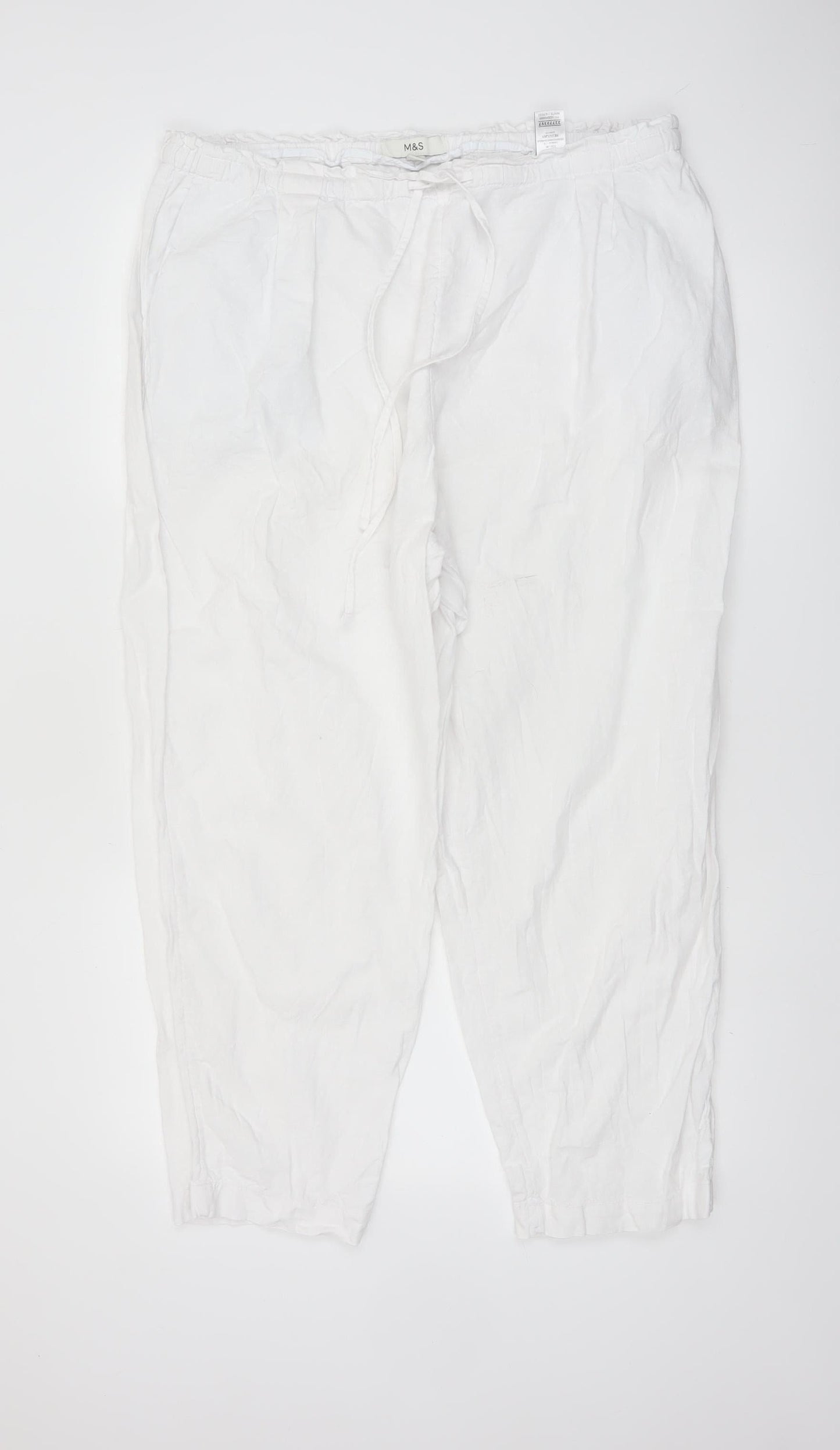 Marks and Spencer Women White Linen Blend Elastic Waist Trousers Size 18 Regular