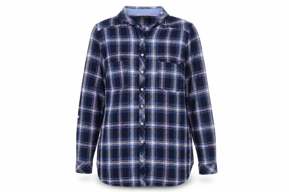 Marks and Spencer Womens Blue Check Cotton Long Sleeve Button-Up Shirt UK 16