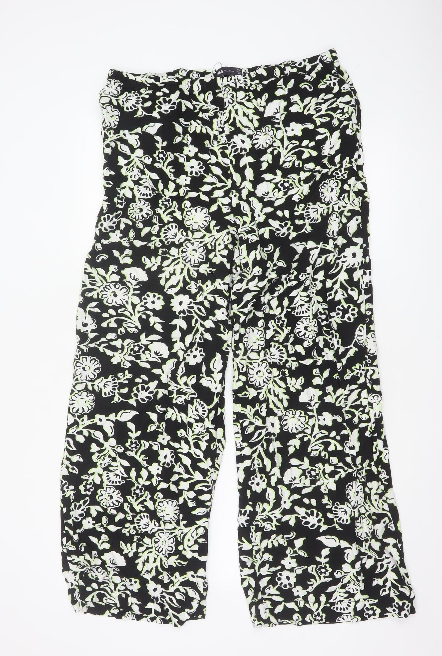 Marks and Spencer Women’s Black Floral Viscose Wide-Leg Trousers Size 16 Long