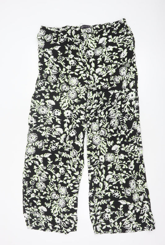 Marks and Spencer Women’s Black Floral Viscose Wide-Leg Trousers Size 16 Long