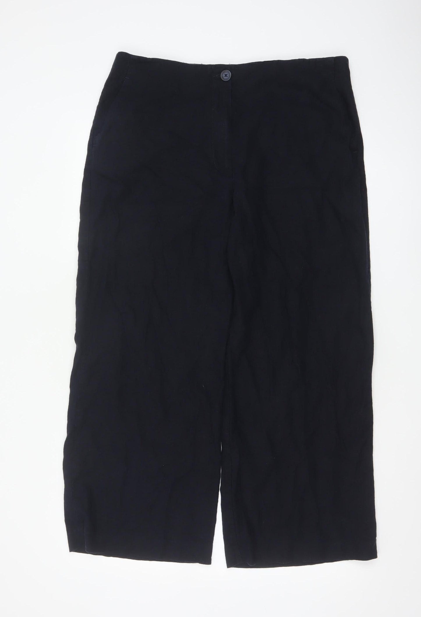 Marks and Spencer Women Black Linen Wide-Leg Trousers Size 16 Short