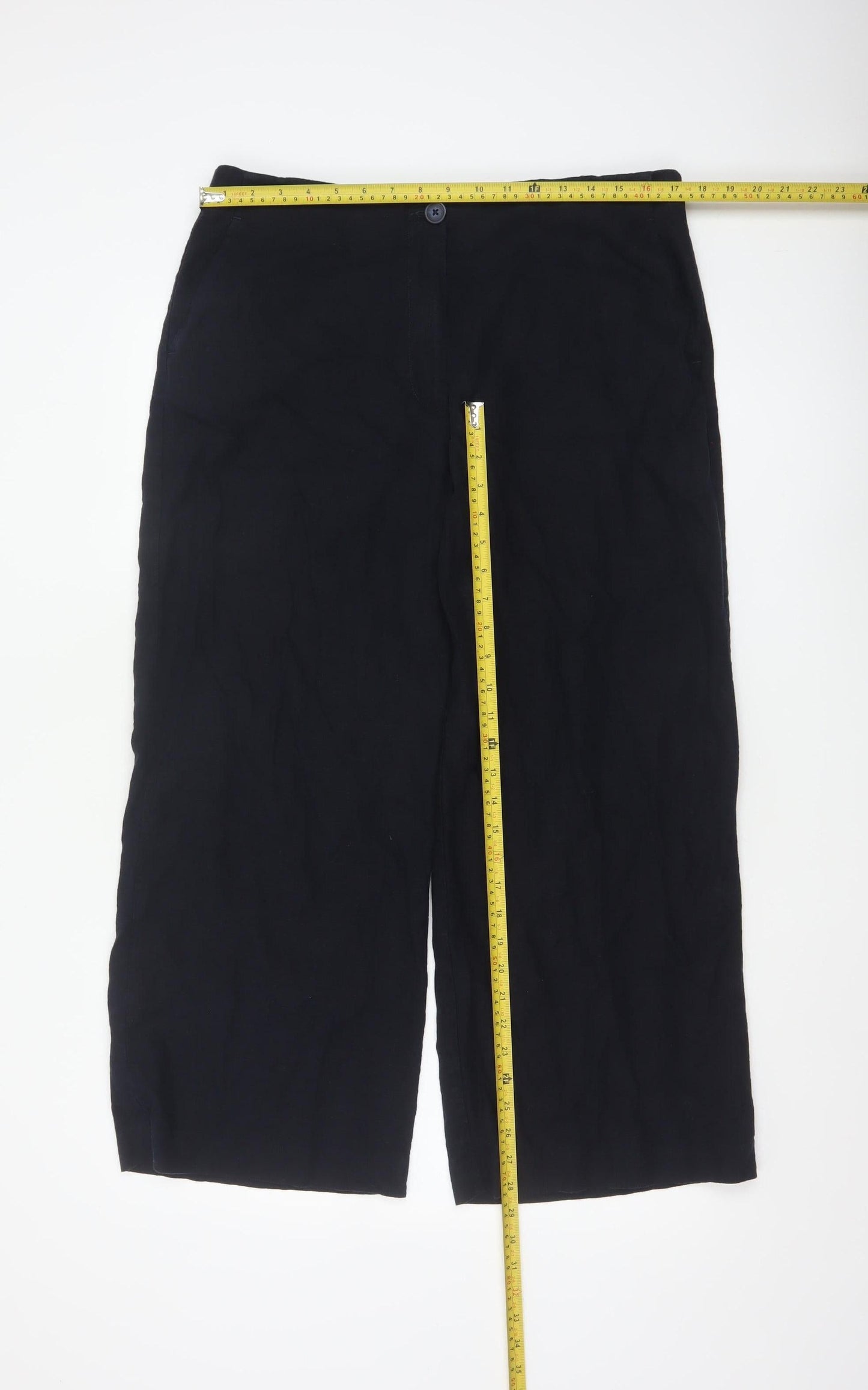 Marks and Spencer Women Black Linen Wide-Leg Trousers Size 16 Short