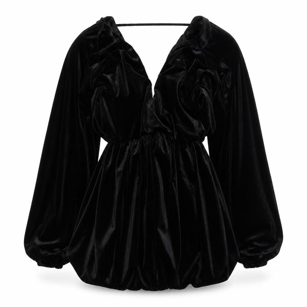 Front view of ASOS DESIGN Women’s Black Velvet Mini Dress, size UK 8, Long Sleeve Partywear