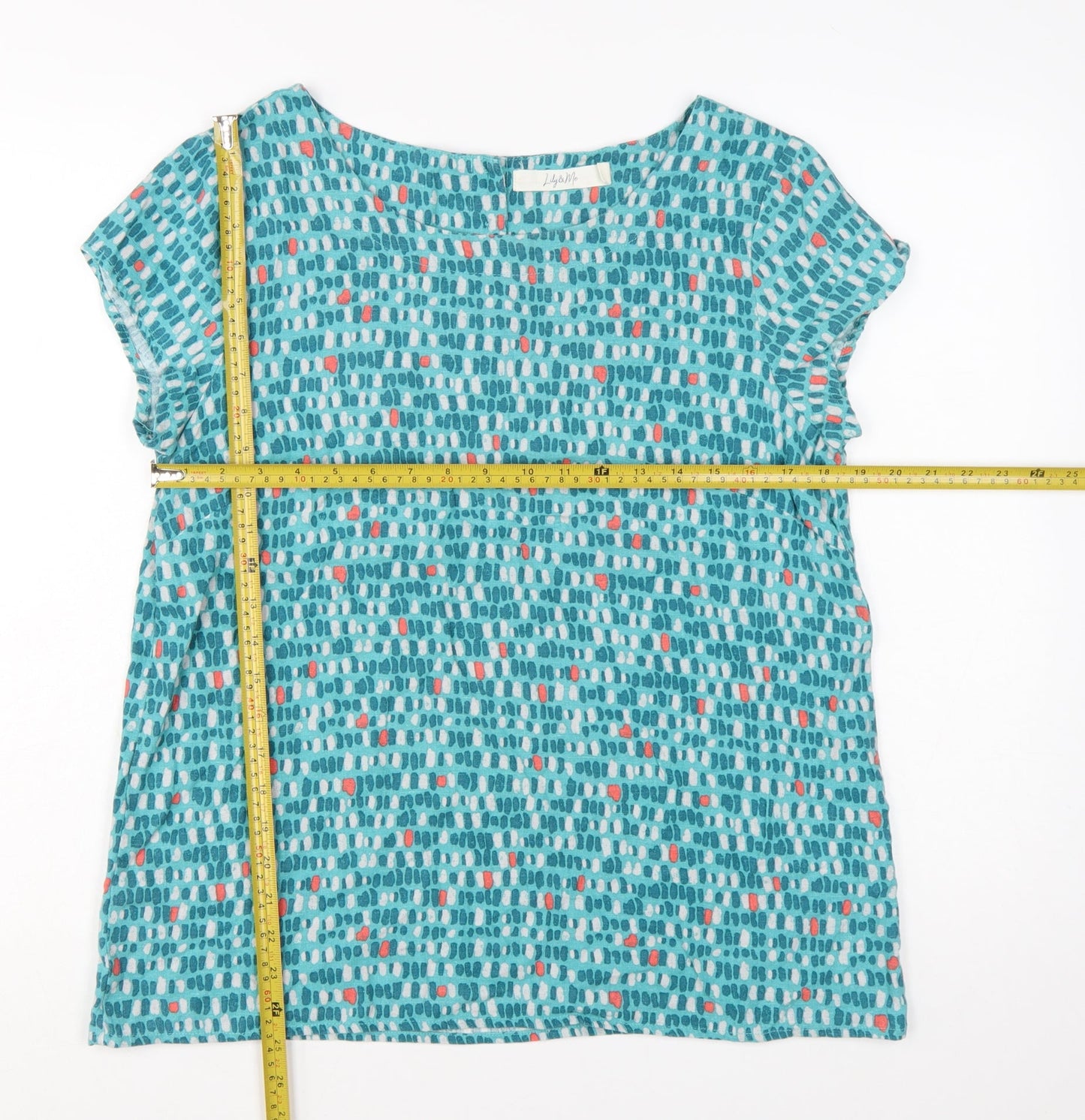 Lily & Me Women's Blue Geometric Linen Blend Short Sleeve Tunic Blouse Size 14