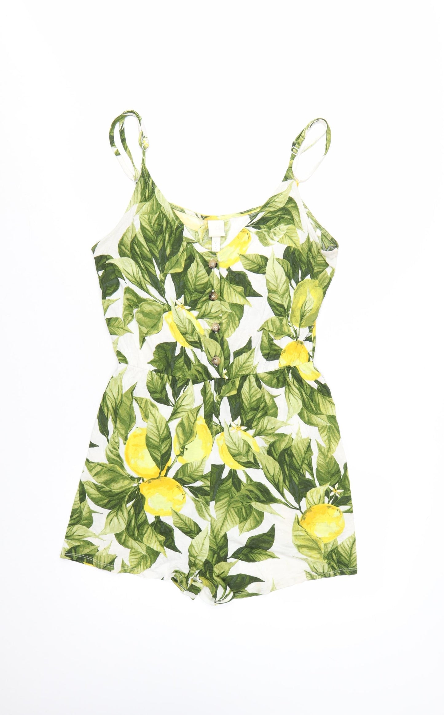 H&M Women’s Lemon Print Playsuit Green Yellow Size M Cotton Summer