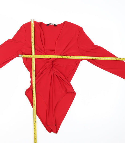 Miss Selfridge Women Red Long Sleeve Knot Front Bodysuit UK 10