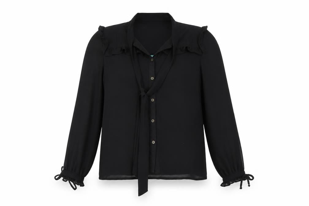 Morfema Women's Black Ruffle Button-Up Long Sleeve Chiffon Blouse Size S