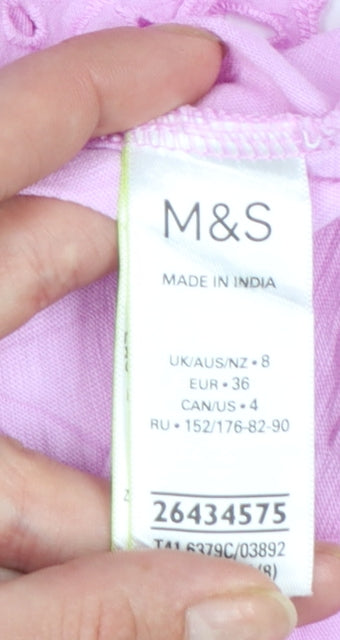 Marks and Spencer Women's Pink Embroidered Flutter Sleeve Cotton T-Shirt Size 8