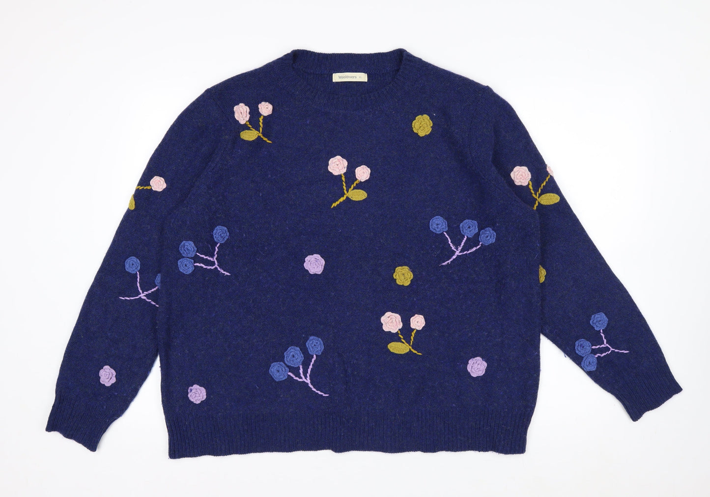 Woolovers Women Blue Floral Embroidered Wool Blend Jumper XL
