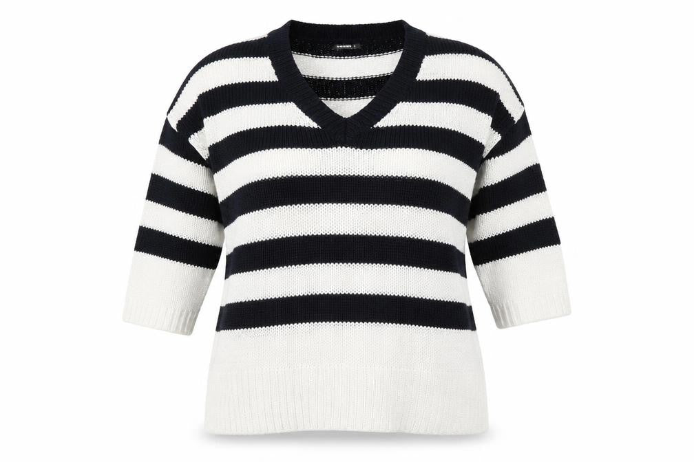 Roman Women’s Navy Stripe V-Neck Knit Jumper Size 14 Relaxed Fit