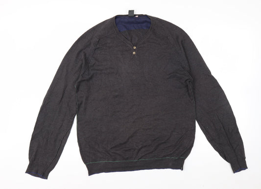 White Stuff Men's Grey Linen Cotton Henley Jumper Size S