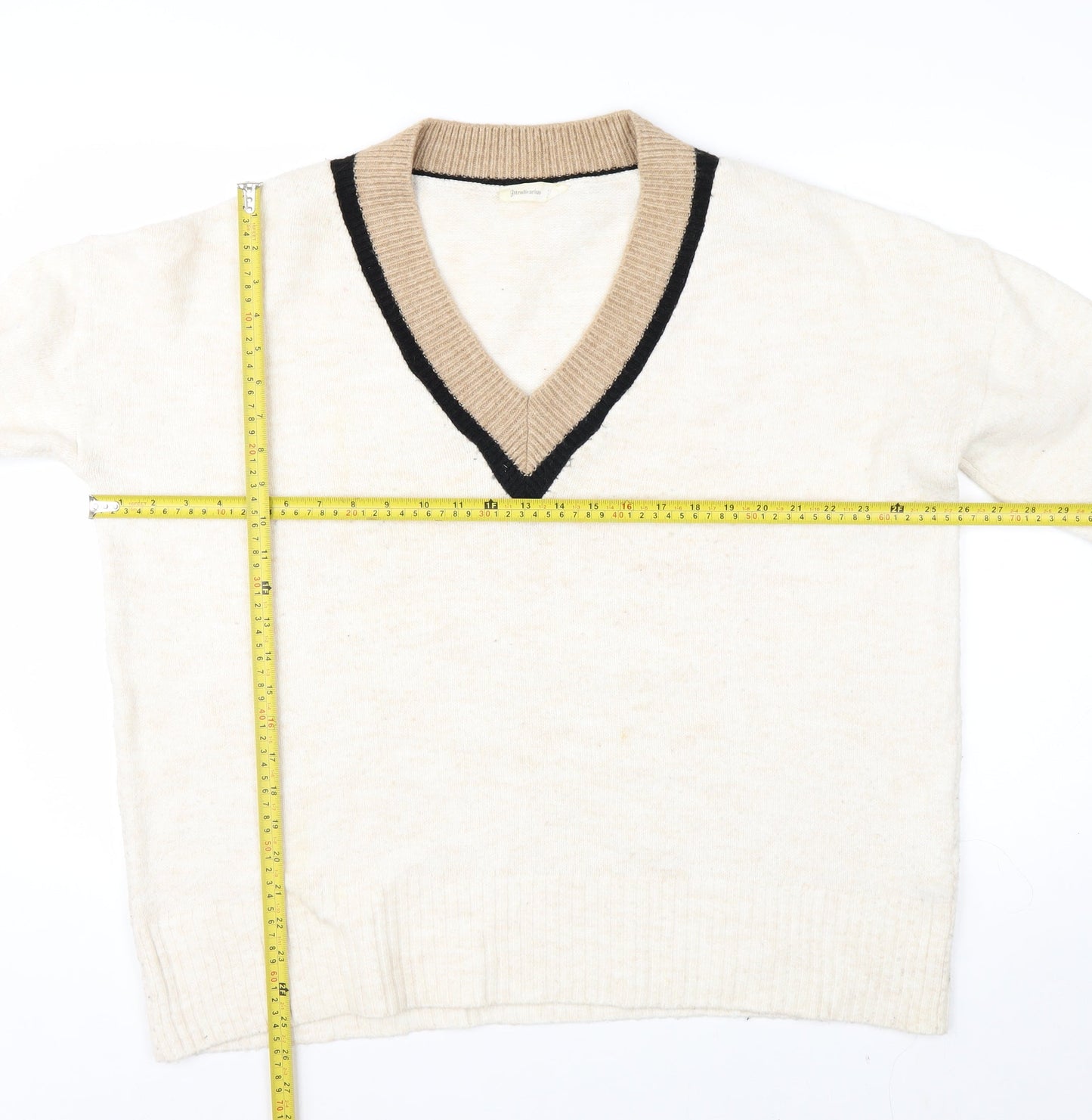 Stradivarius Women’s Ivory V-Neck Alpaca Wool Blend Jumper Size S