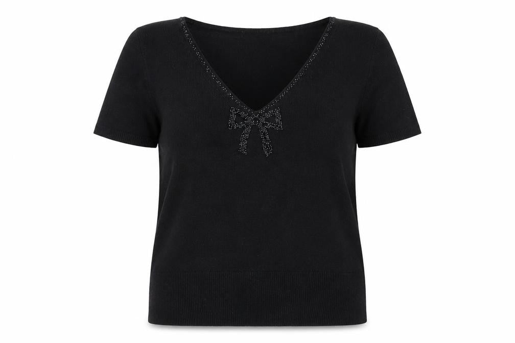 Marks and Spencer Women's Black V-Neck Short Sleeve Acrylic Bow Jumper Size 18