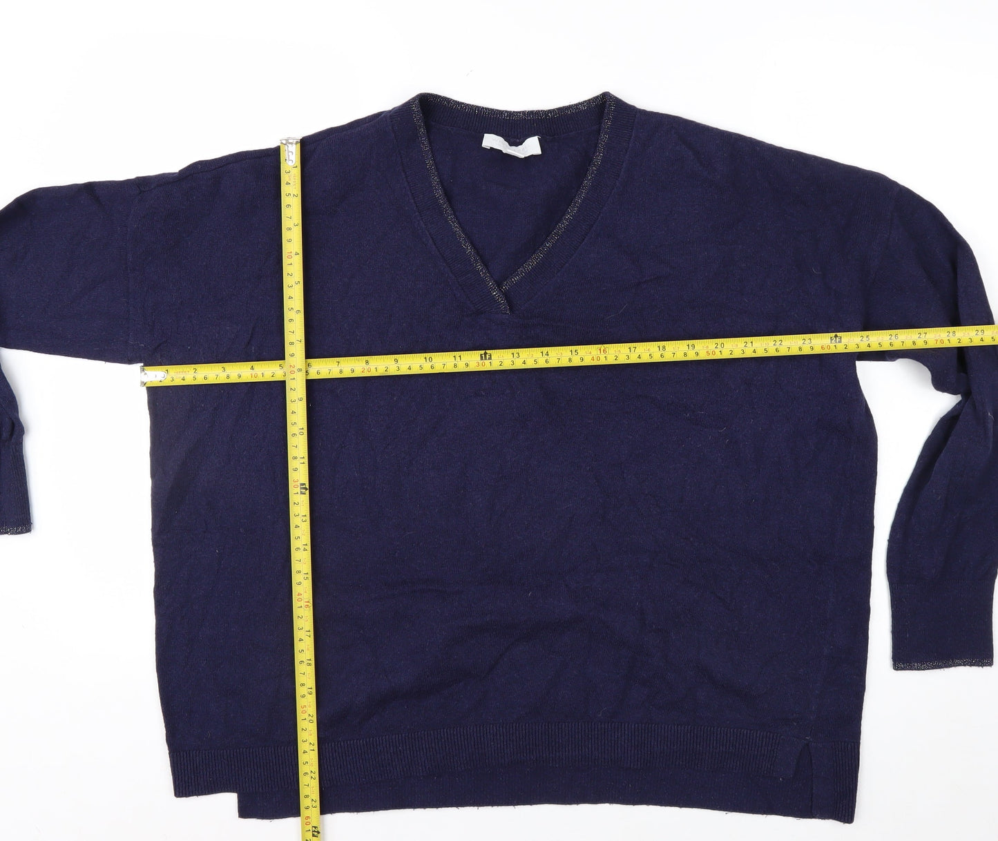 The White Company Women Navy Blue V-Neck Cotton Blend Jumper Size 16
