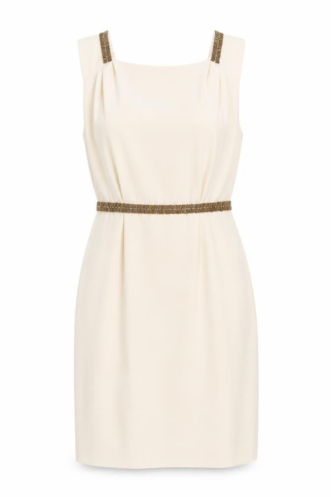 Warehouse Womens Beige Sheath Dress UK 10 Sleeveless Beaded Belt Classic Style