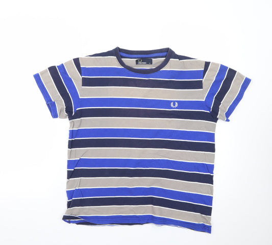 Fred Perry Men's Blue Striped Crew Neck Cotton T-Shirt Size M
