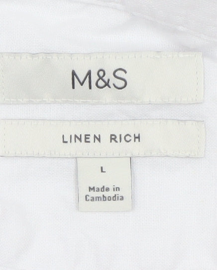 Marks and Spencer Men's White Linen Blend Short Sleeve Button-Up Shirt Size L