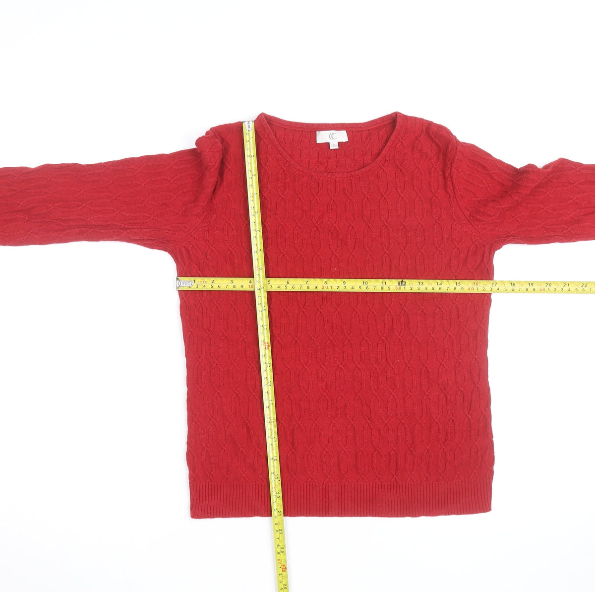 Close-up detail of CC Red Cable-Knit Crew Neck Men's S jumper