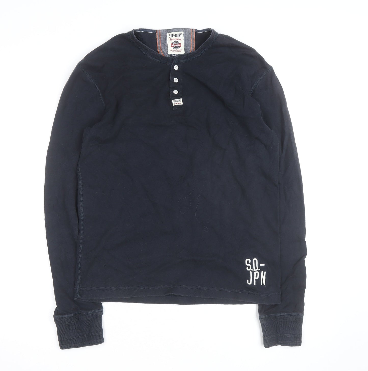 Superdry Men's Blue Henley Long Sleeve Cotton Top Size L