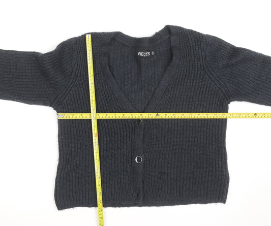 PIECES Unisex Black XL Chunky Knit V-Neck Cardigan