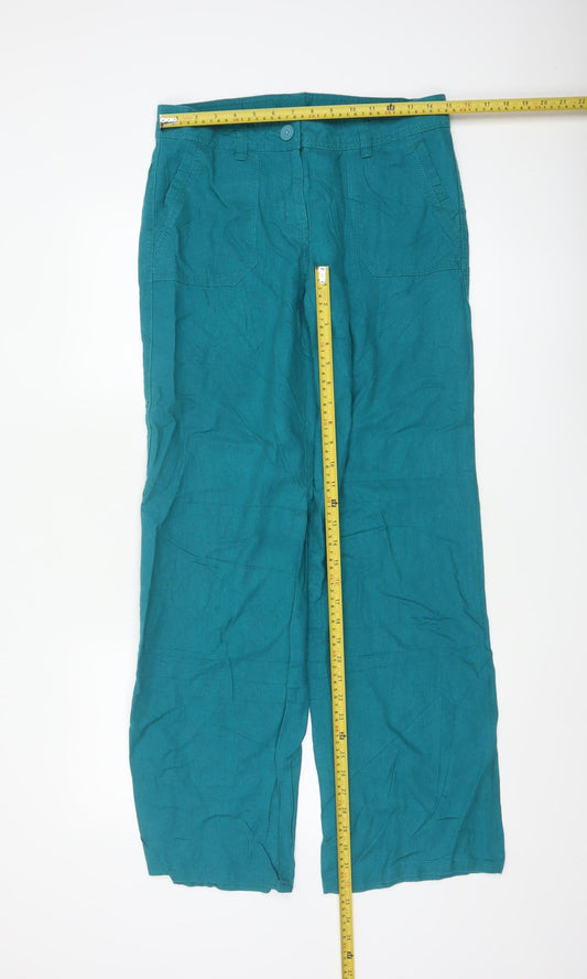 Marks and Spencer Women Blue Linen Wide-Leg Trousers Size 10 Tall