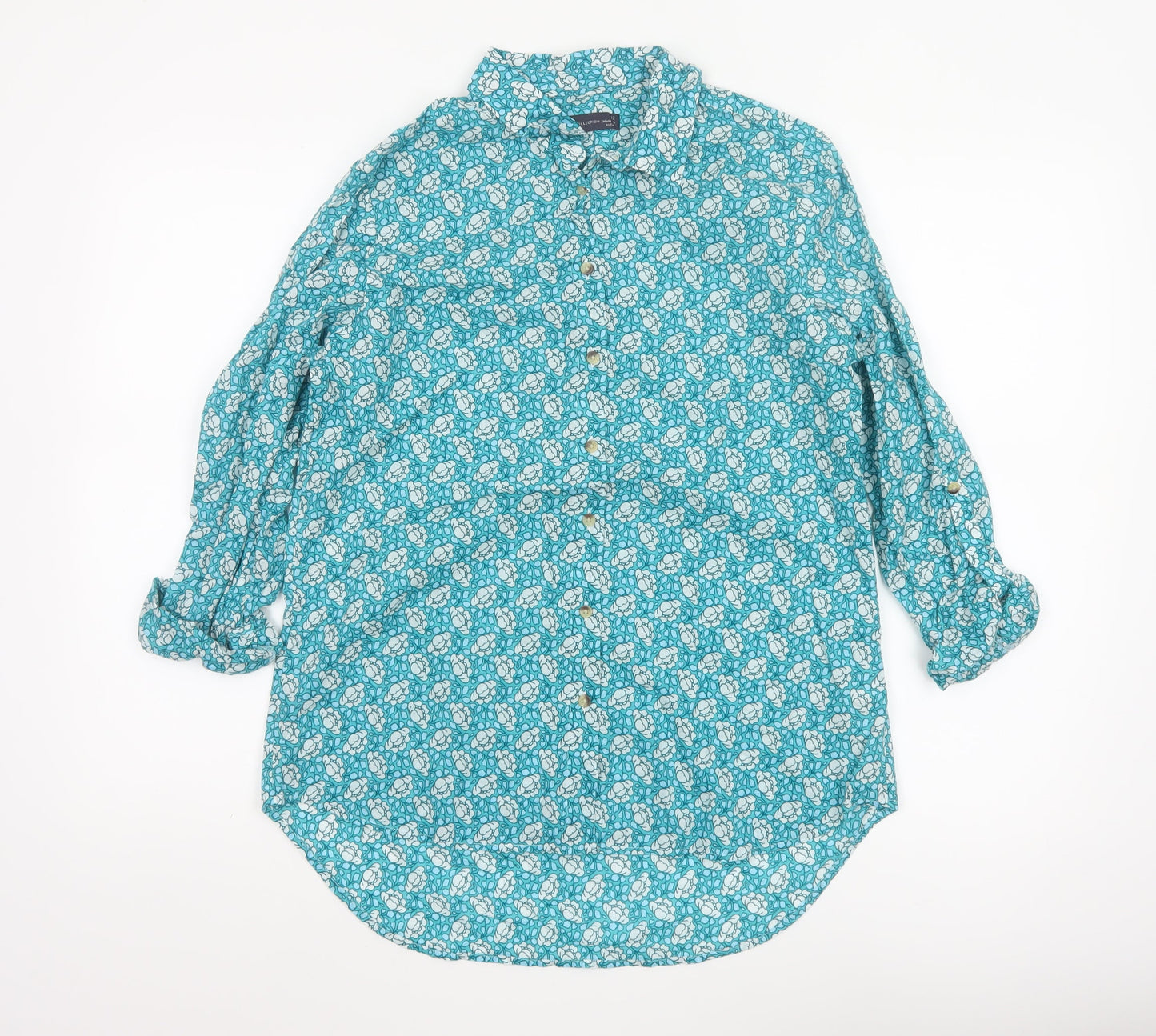 Marks and Spencer Women Blue Floral Long Sleeve Cotton Button-Up Shirt Size 12