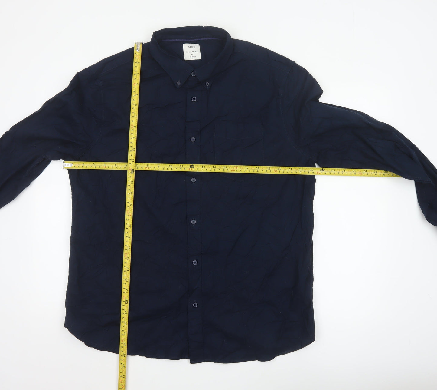 Marks and Spencer Men's Blue Regular Fit Long Sleeve Cotton Button-Up Shirt XL