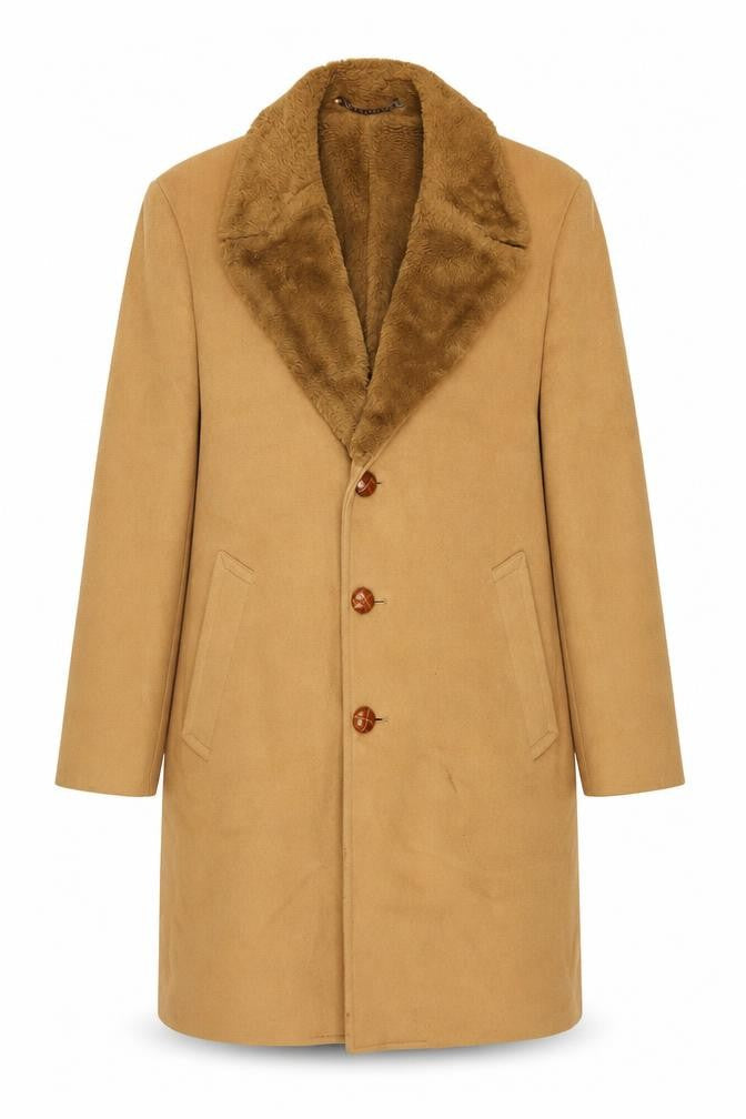 Zero King Women Beige Wool Overcoat with Fur Collar Size 14 Classic Style