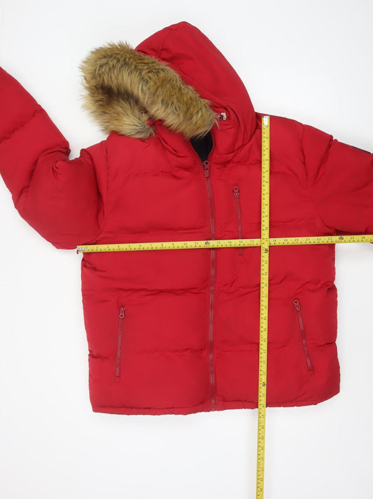 SoulCal & Co Mens Red L Puffer Jacket Hooded Faux Fur Winter Coat