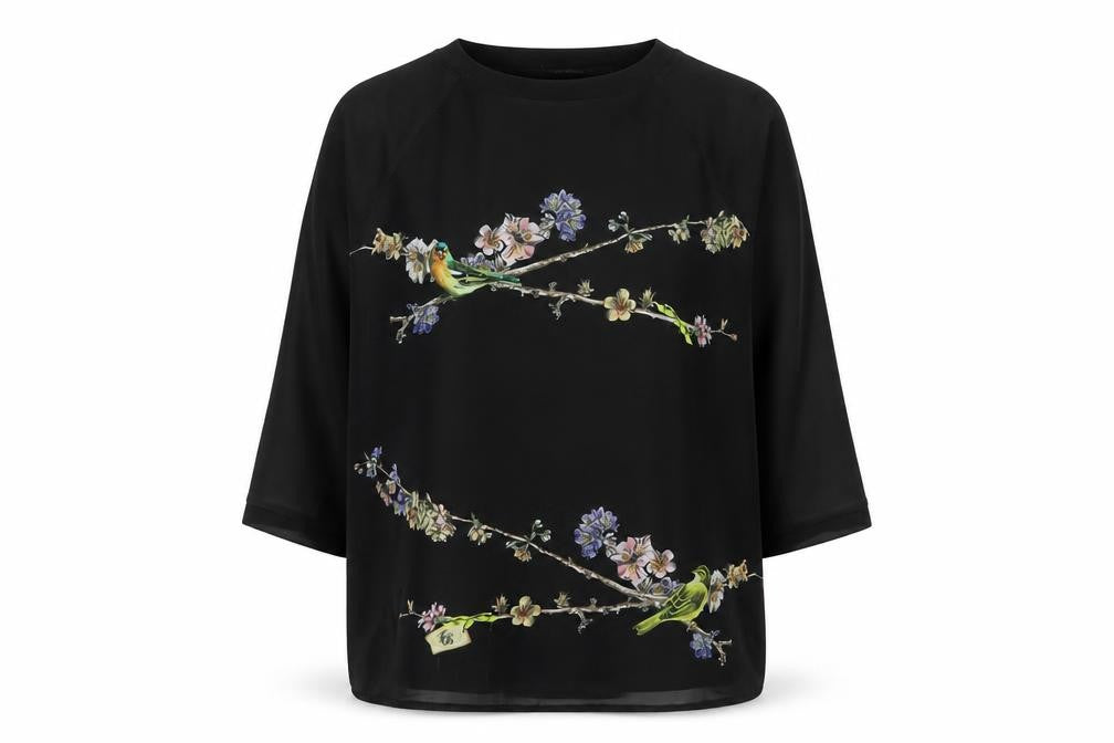 Ted Baker Women’s Black Floral Bird Tunic Blouse Size 12