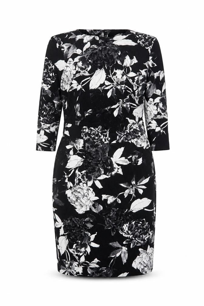Front view of Roman Women Black Floral Sheath Dress, size 18, 3/4 Sleeve