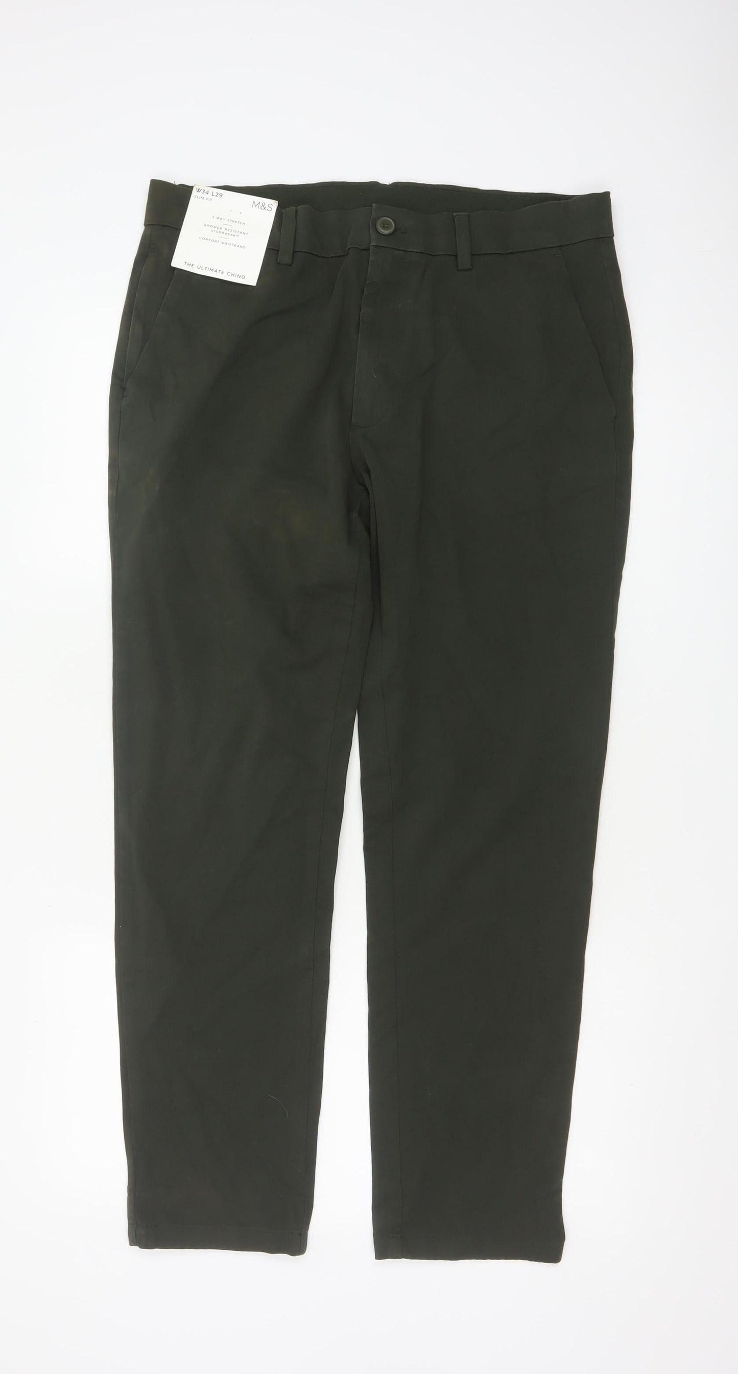Marks and Spencer Men's Green Slim Fit Chino Trousers 34x29