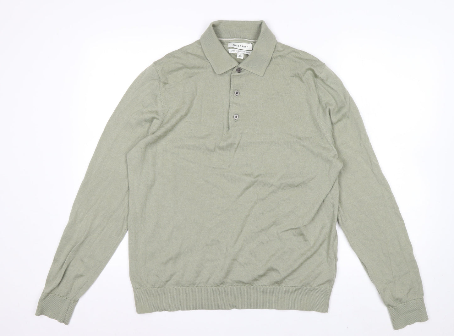 Marks and Spencer Men’s Green Merino Wool Collared Henley Jumper L