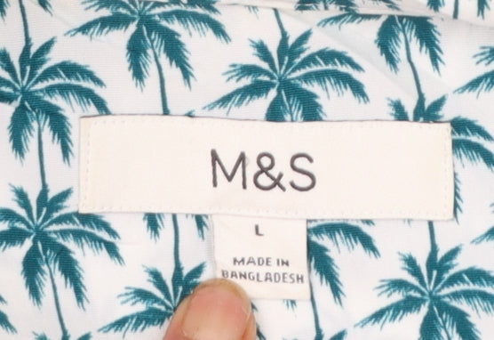 Marks and Spencer Men’s White Palm Print Short Sleeve Button-Up Shirt L