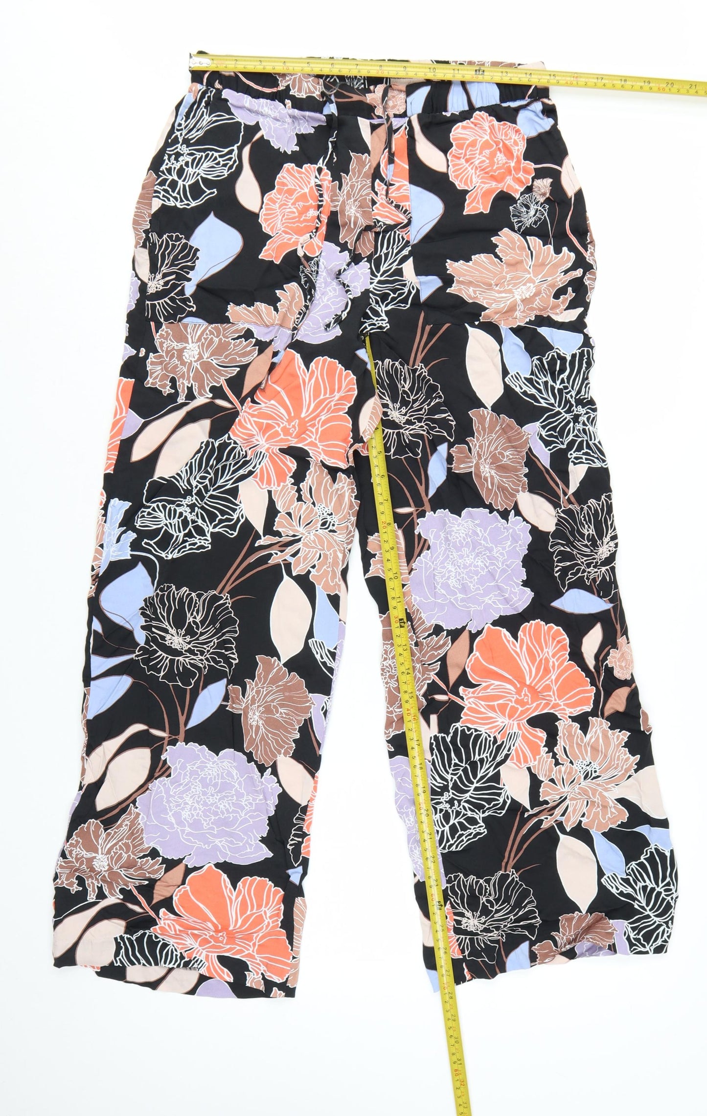 Marks and Spencer Womens Multicoloured Floral Cropped Wide-Leg Trousers Size 12