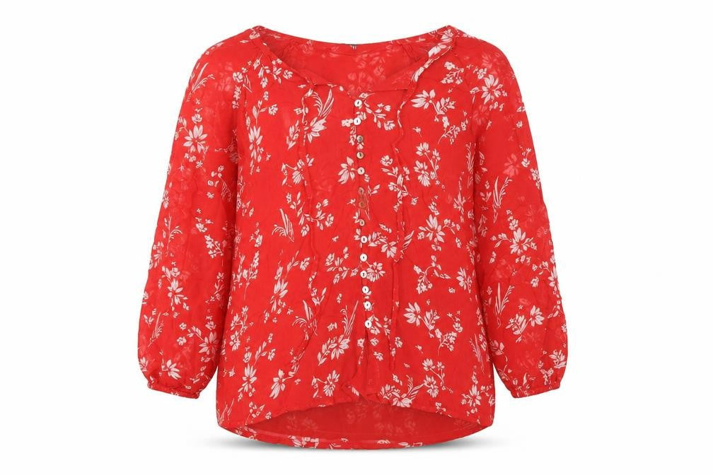 Sonsandar Women's Red Floral 3/4 Sleeve Tunic Blouse Size 12