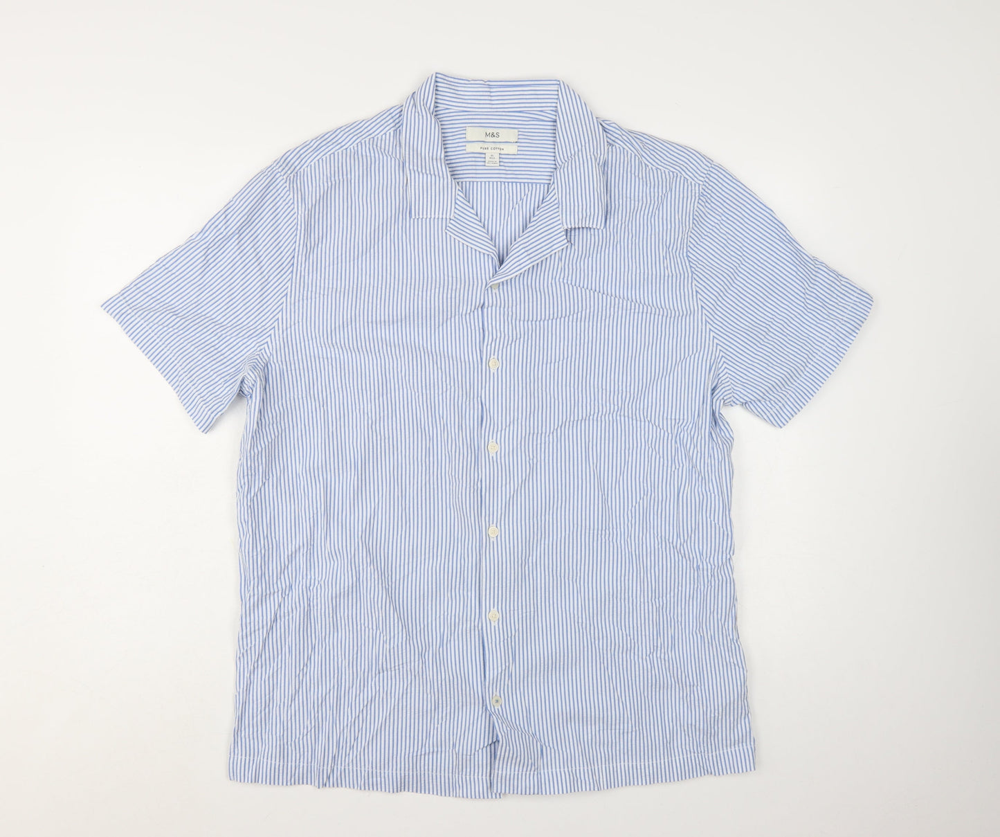 Marks and Spencer Men's Blue Striped Short Sleeve Cotton Button-Up Shirt XL
