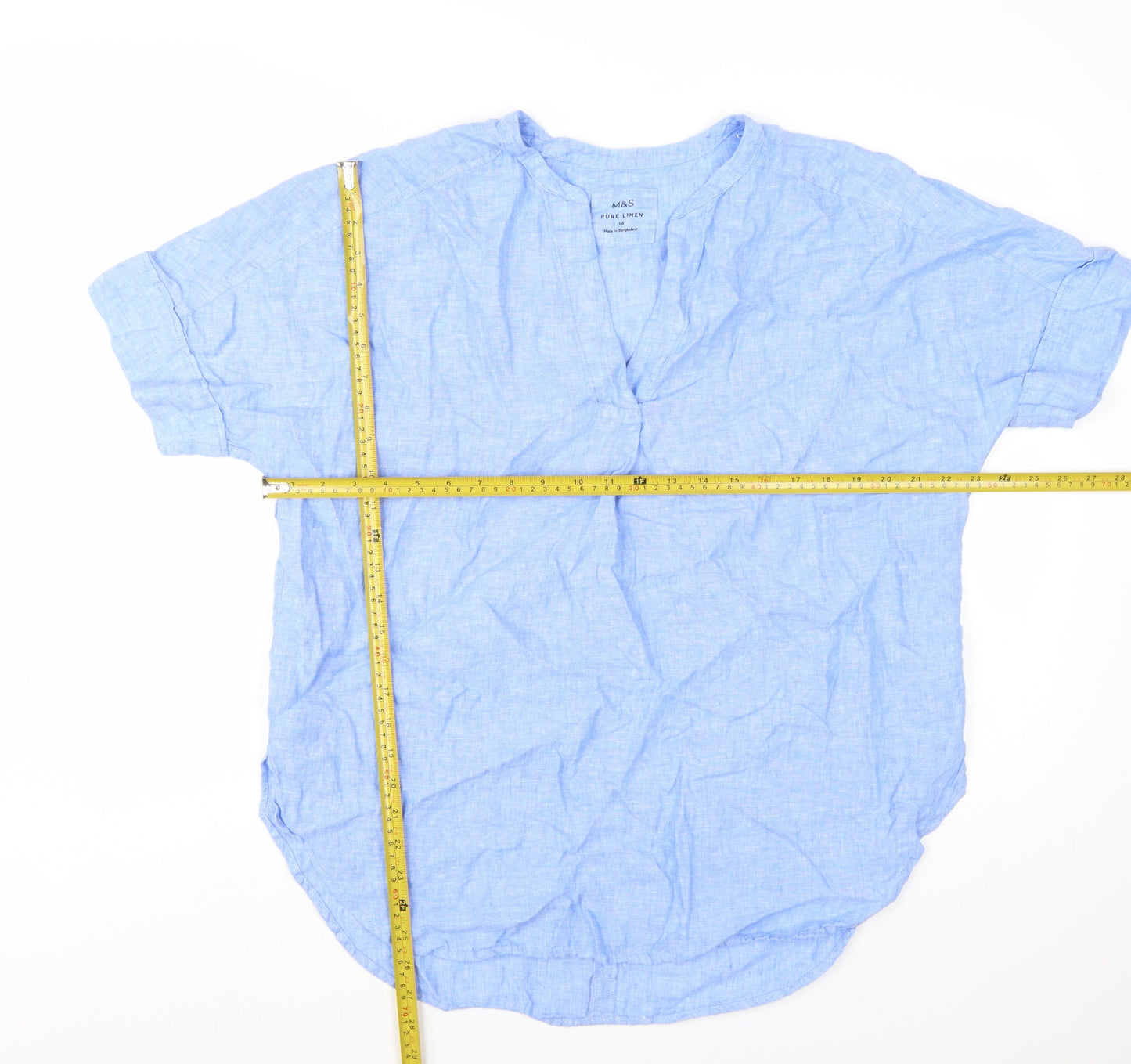 Marks and Spencer Women's Blue Linen Chambray V-Neck Blouse Size 16