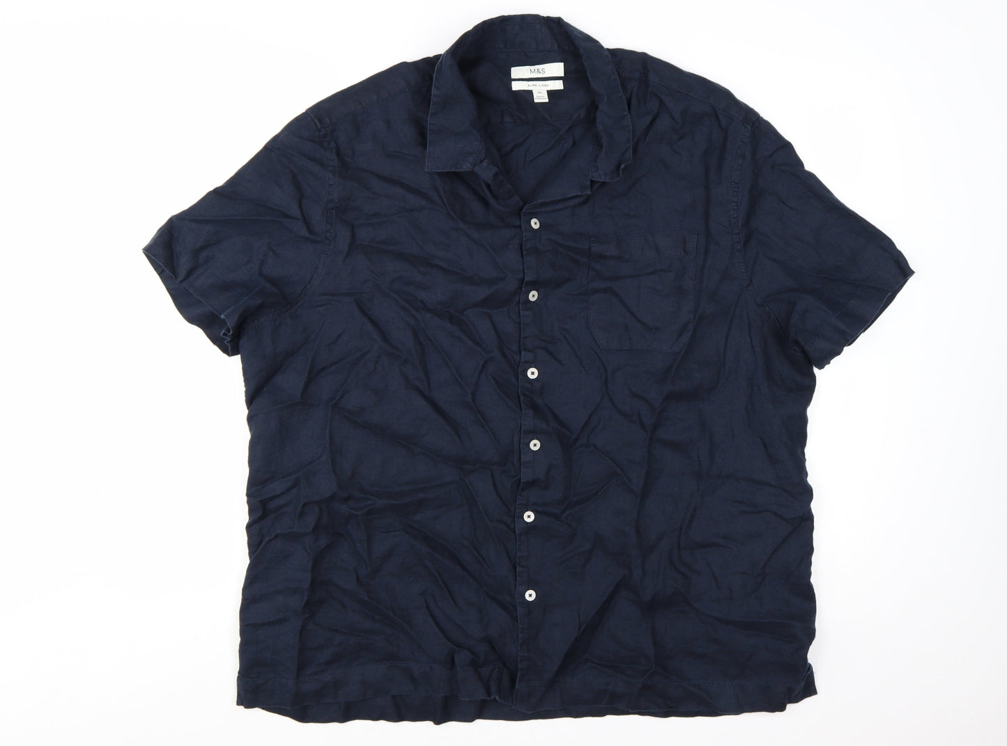 Marks and Spencer Men's Blue Linen Short Sleeve Button-Up Shirt 2XL Regular Fit