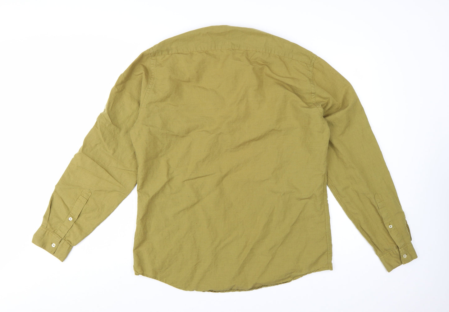 Zara Men Green Linen Relaxed Fit Long Sleeve Henley Shirt Size L