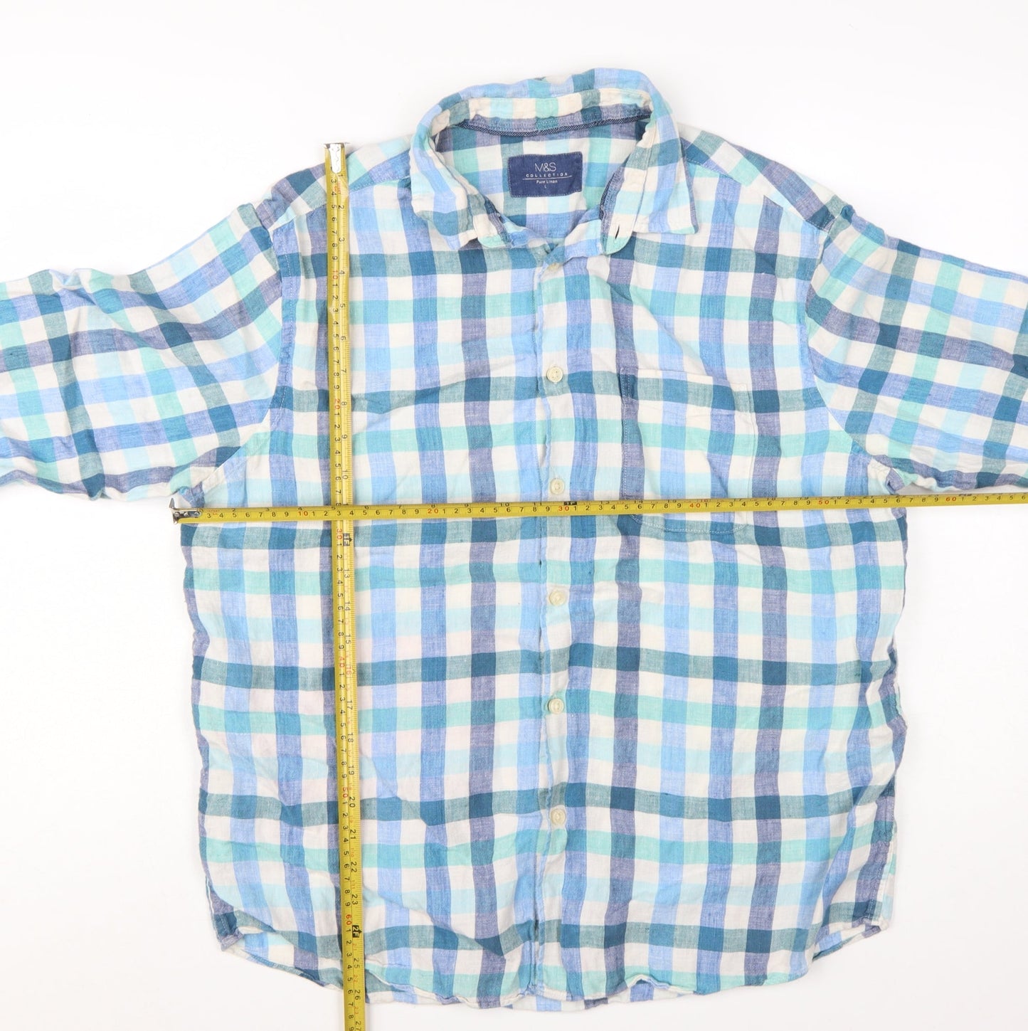 Marks and Spencer Men's Blue Check Linen Long Sleeve Casual Shirt L