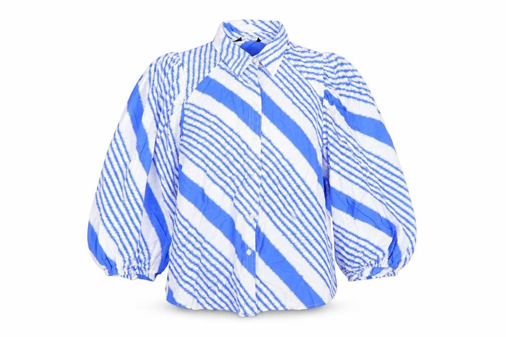Marks & Spencer Women's Blue Striped Balloon Sleeve Button-Up Tunic Size 12