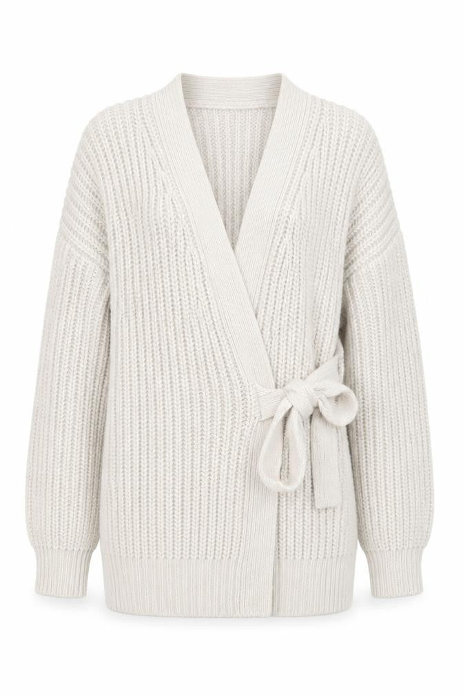 ZARA Women Beige Chunky Knit V-Neck Tie Cardigan Size S
